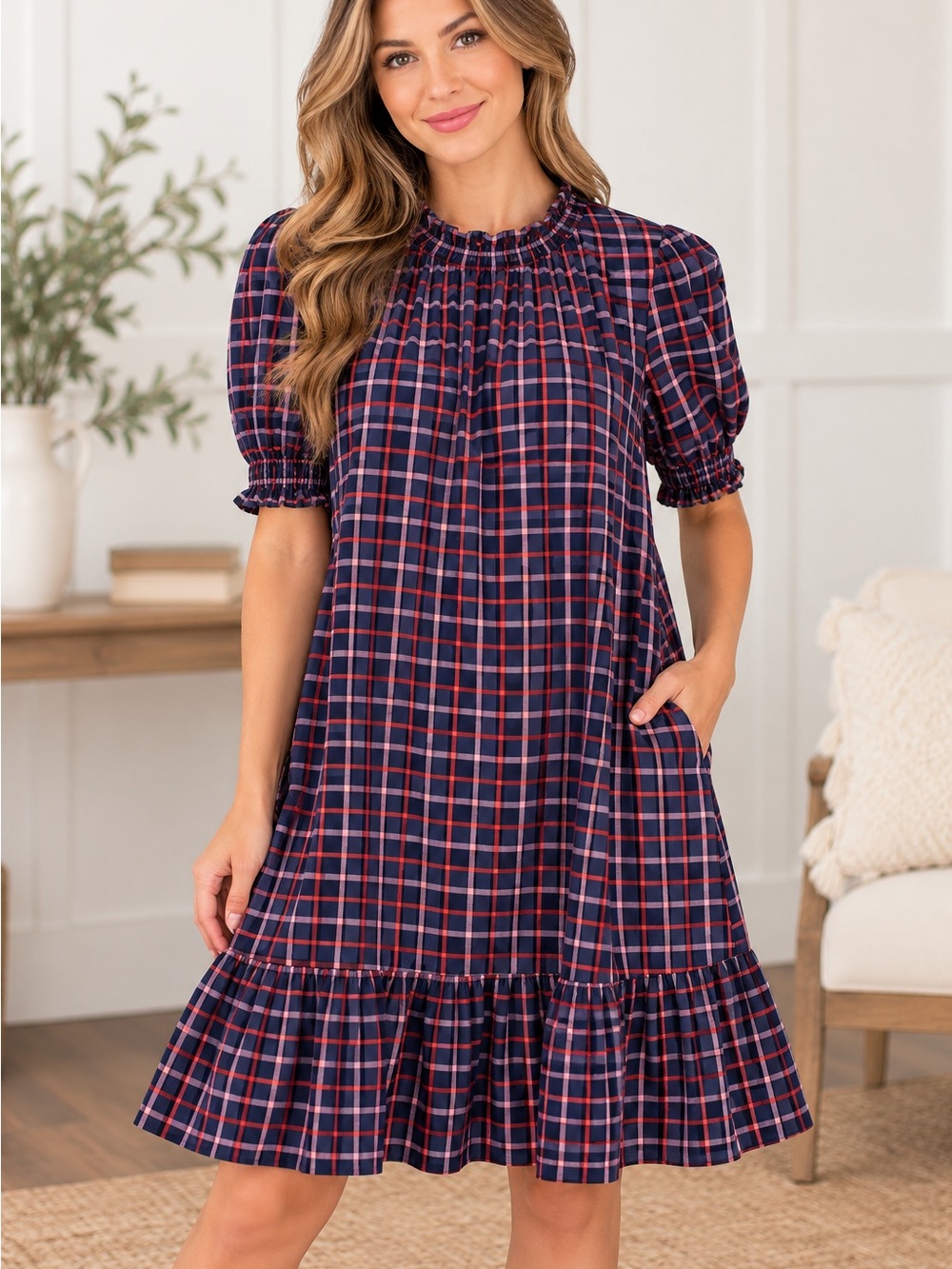 Free Assembly Navy and Red Plaid Smocked Neck Dress